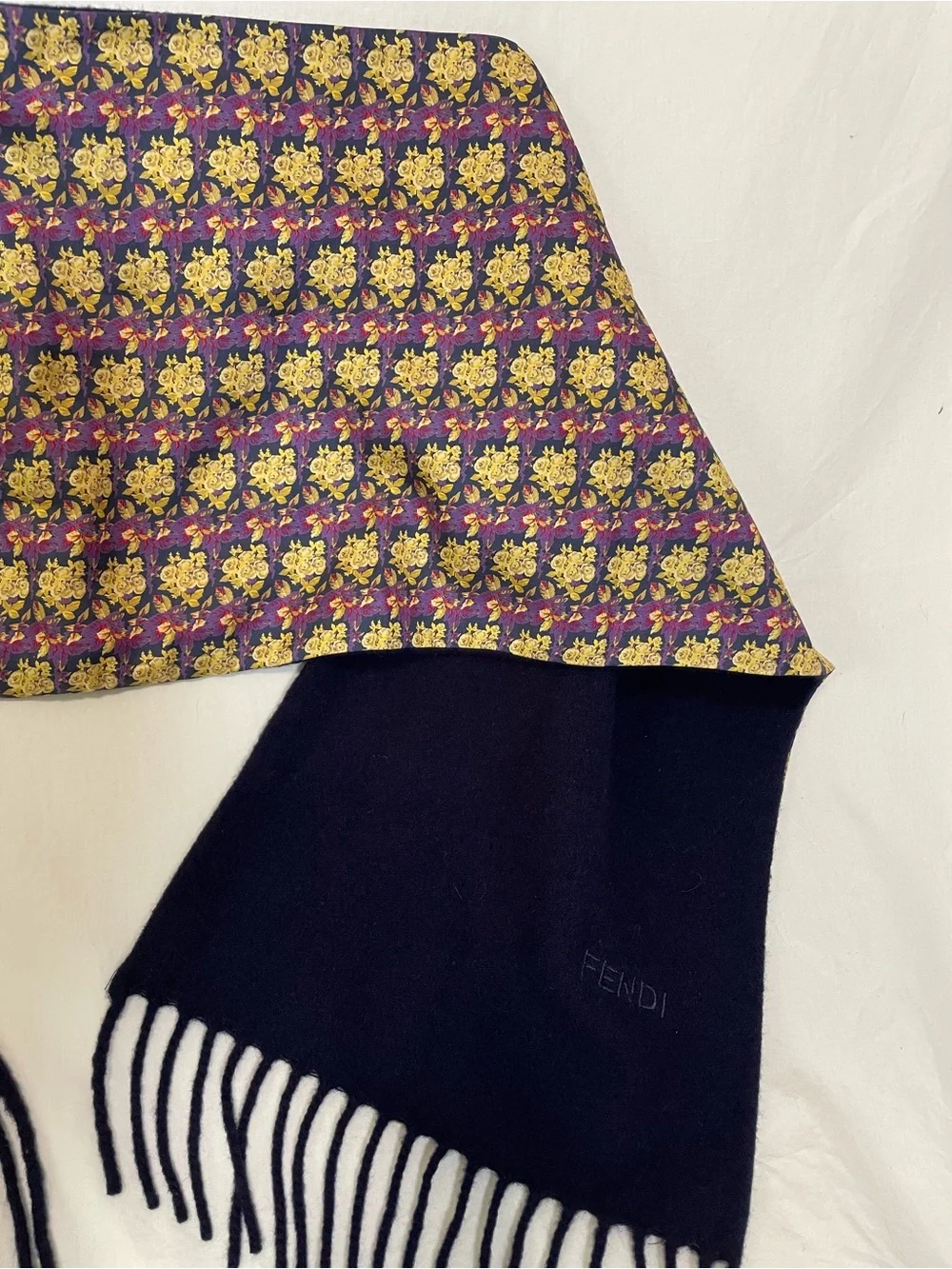 Vintage FENDI Cravatte Silk & Wool Double-Sided Fringe Scarf Floral Navy Italy